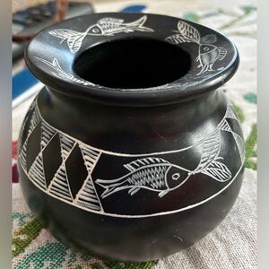 Hand-carved soapstone vase, sgraffito, Kisii stone pottery fr Kenya or Uganda